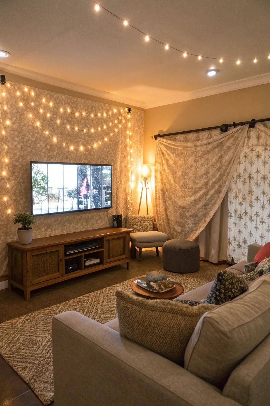 A TV wall with a rich, fabric backdrop for added texture.