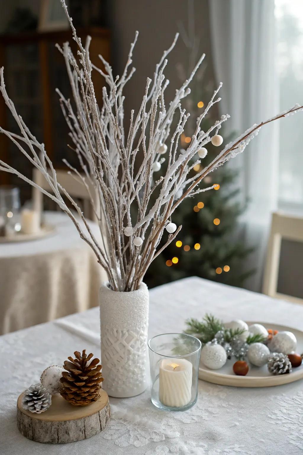 A wintry wonderland featuring frosted branch arrangements.