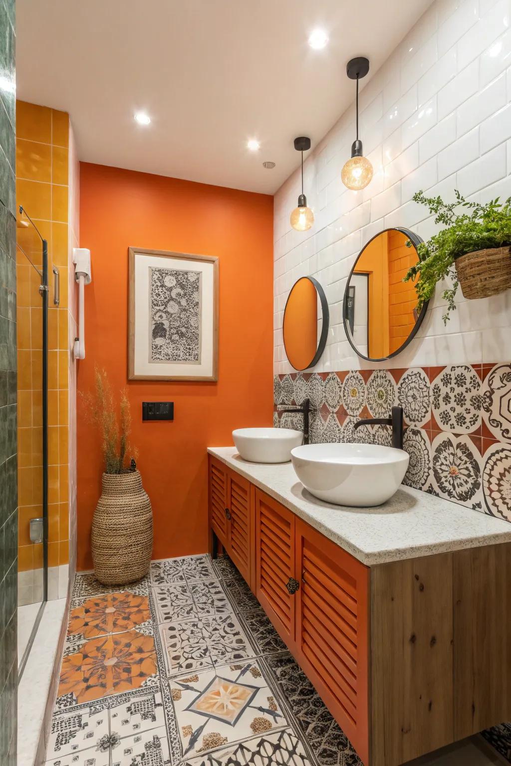 An energetic orange and white two-tone wall design that produces a striking declaration.