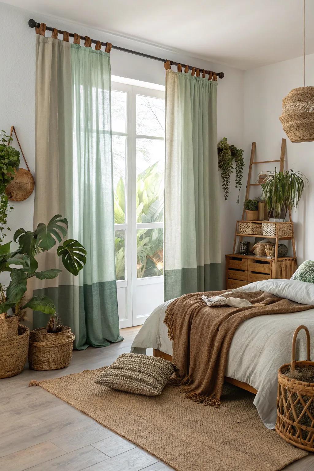 Nature-influenced two-tone window dressings creating a serene vibe in a tranquil bedroom.