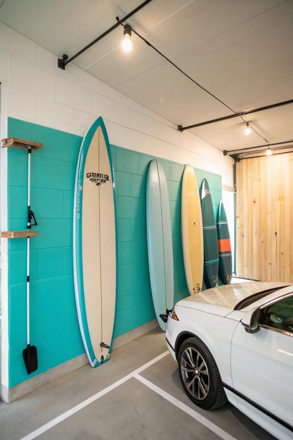 Turquoise and sand bring a coastal feel to your garage.