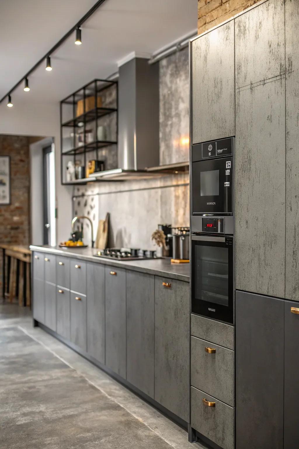 A modern cooking area showcasing an industrial aesthetic through pewter and metallic walls.