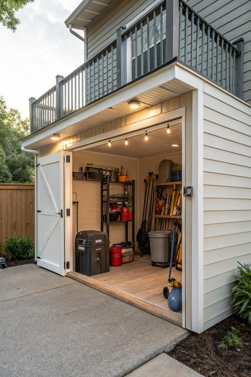 A custom outbuilding delivers tailored storage solutions for under-deck zones.