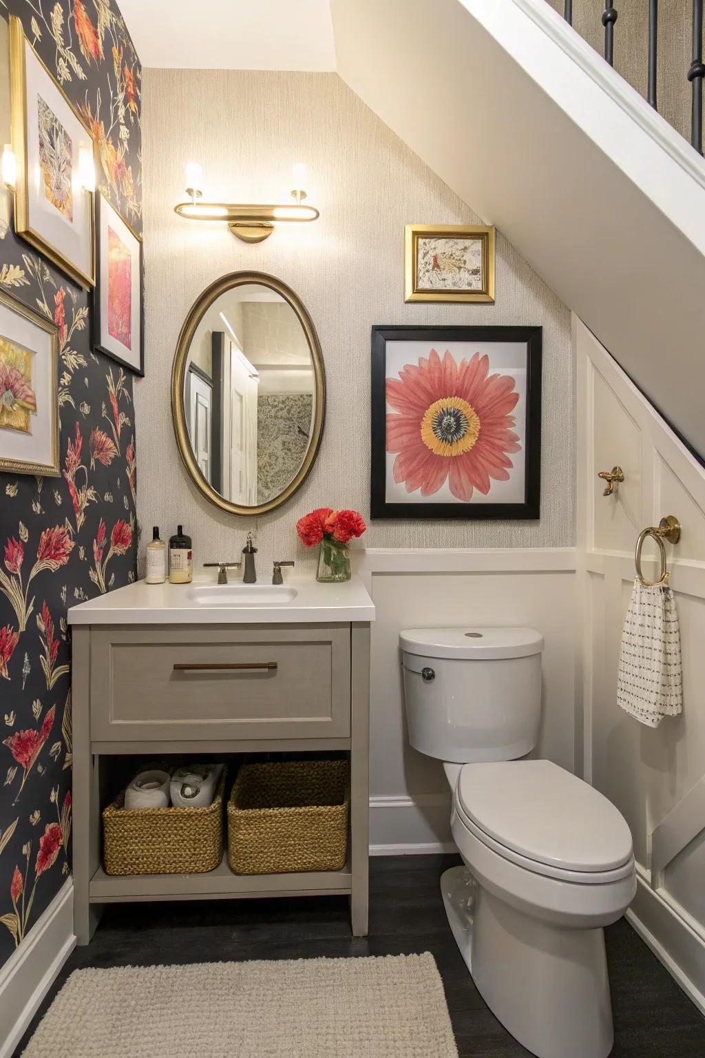 A below-stairs washroom adorned with bold wall pieces for a personal touch.