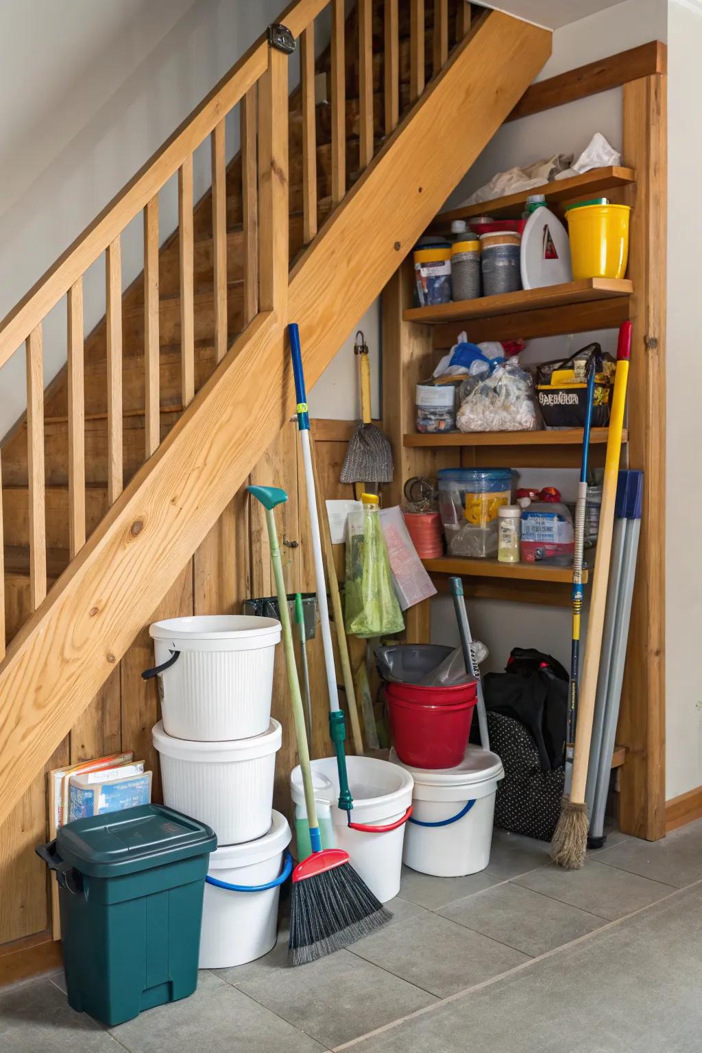 A utility closet beneath the staircase ensures household essentials are systematically organized.