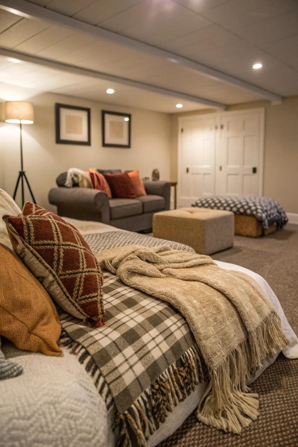 Textured fabrics can convey warmth and coziness to your basement bedroom.
