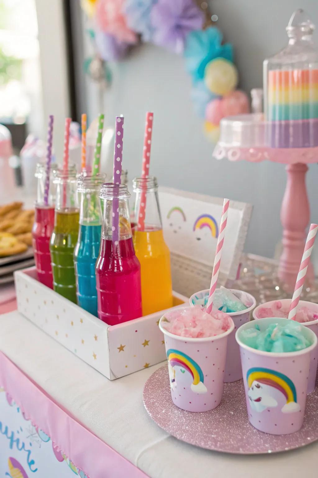 A colorful unicorn drink station with themed straws.