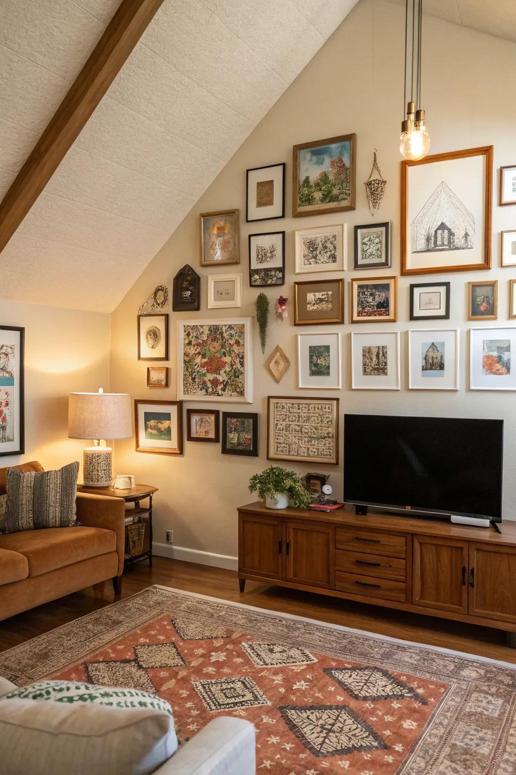 Living room featuring a vaulted ceiling and an eclectic art display
