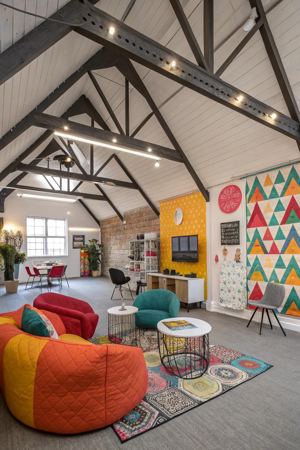 Creative patterns using geometrical framing against a vaulted ceiling.