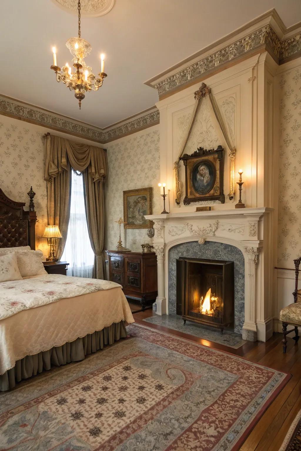 A simulated fireplace crafts a snug, genuine Victorian sentiment.