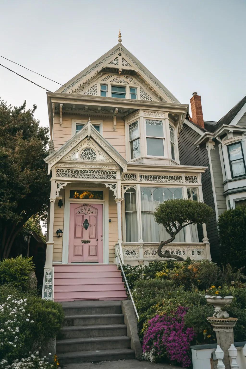 A pastel door introduces a whimsical touch to this Victorian facade.