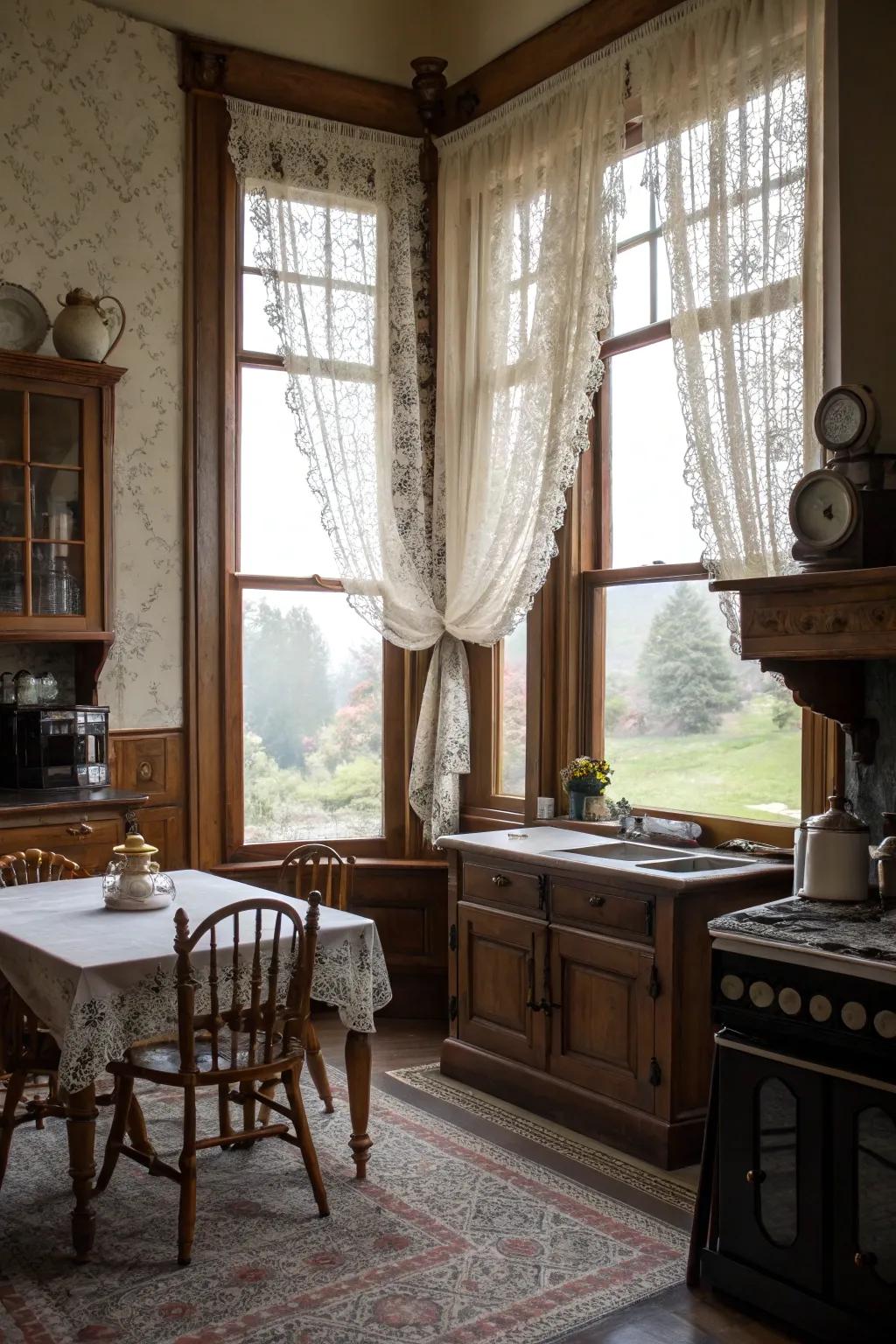 Lace window coverings introduce grace and regulate light in a Victorian cooking area.