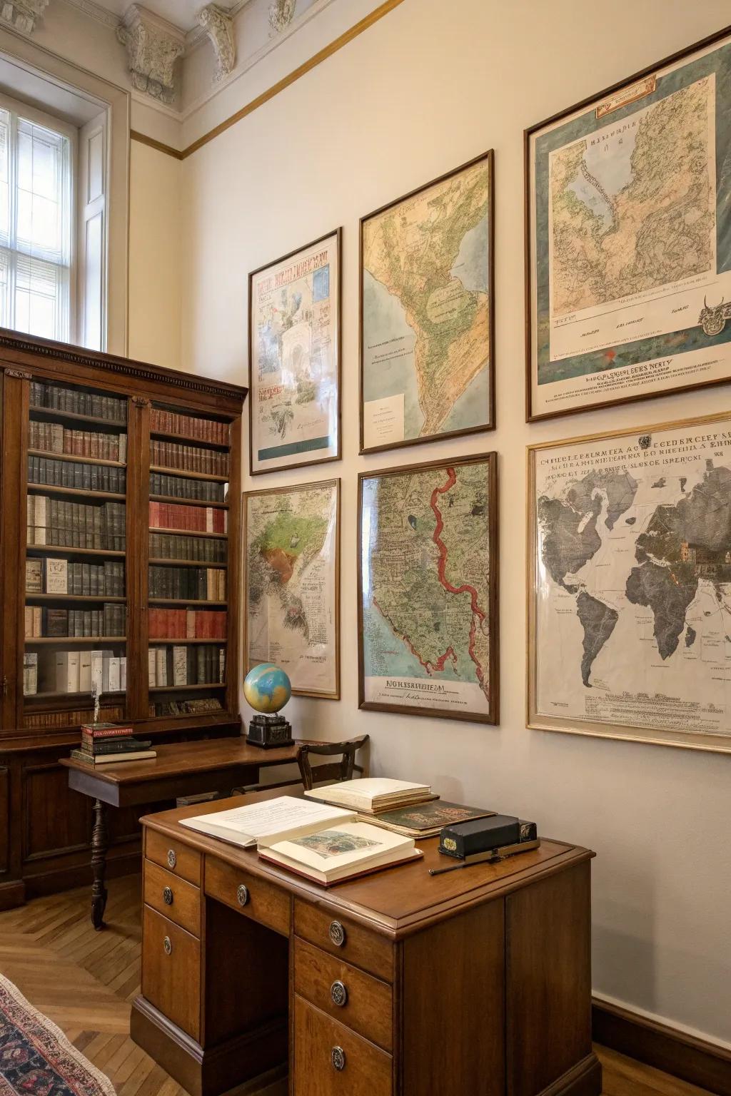 A study adorned with vintage maps as wall adornments.