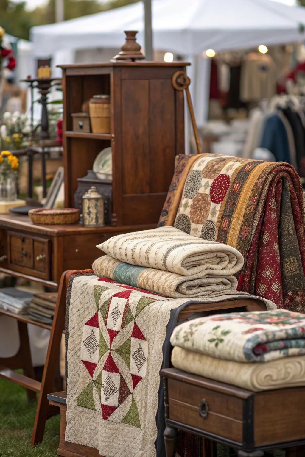 Textiles introduce warmth and texture to vintage displays.