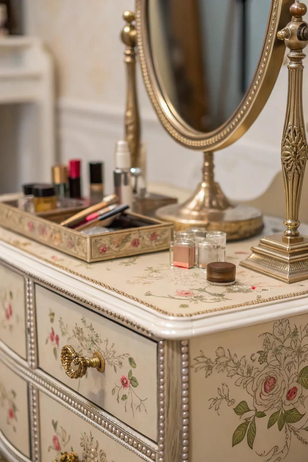 Metallic highlights contribute sophistication onto the antique dressing table aesthetic.