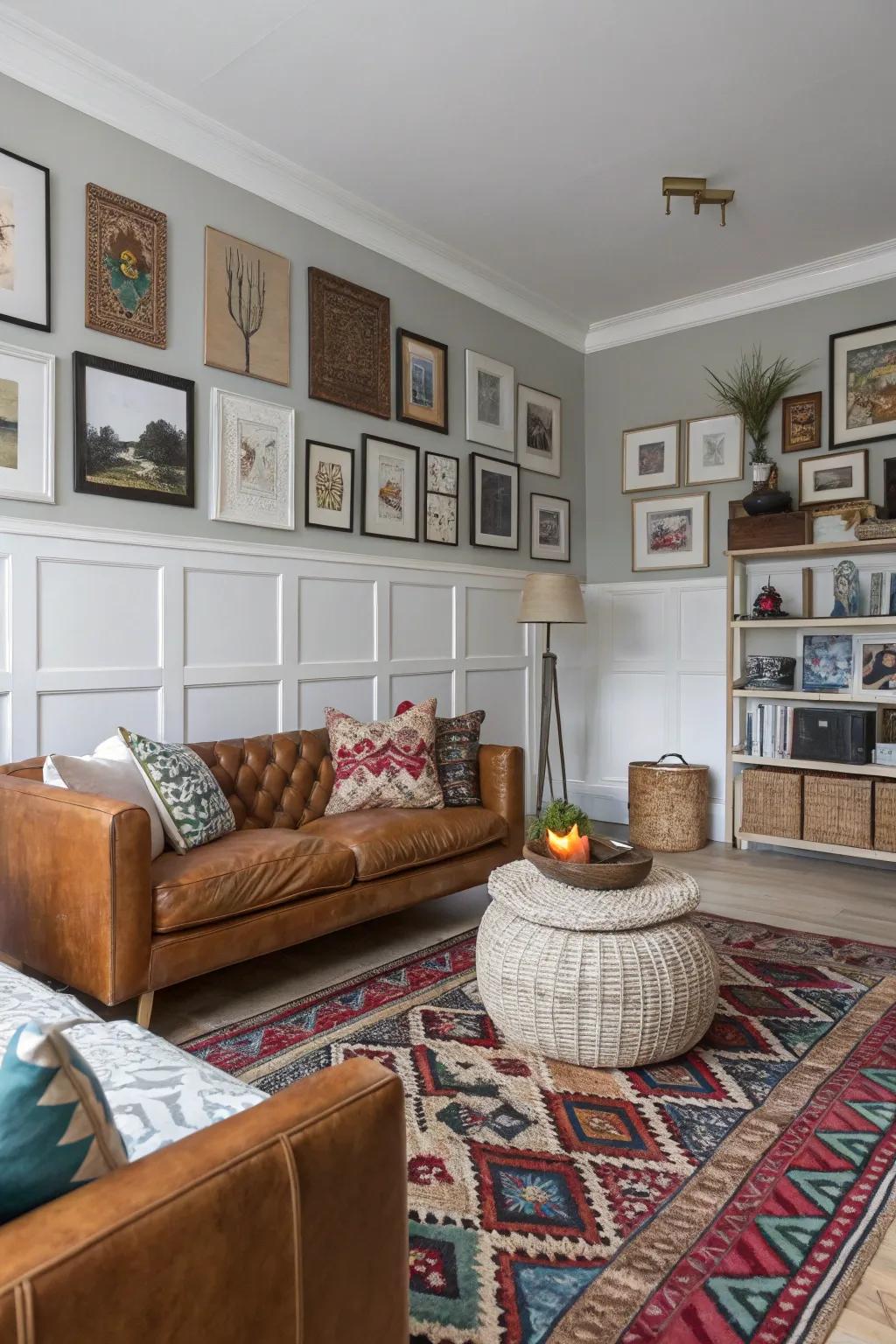 A parlor exhibiting blended paneling styles for an eclectic aesthetic.