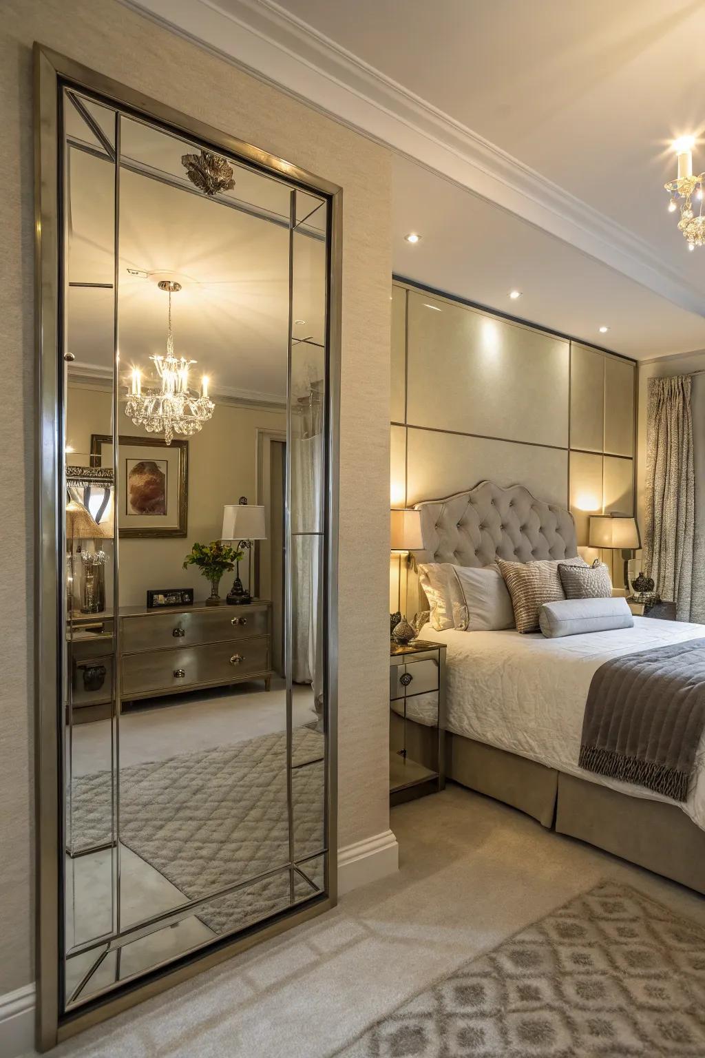 Reflective art pieces brighten and expand your bedroom.