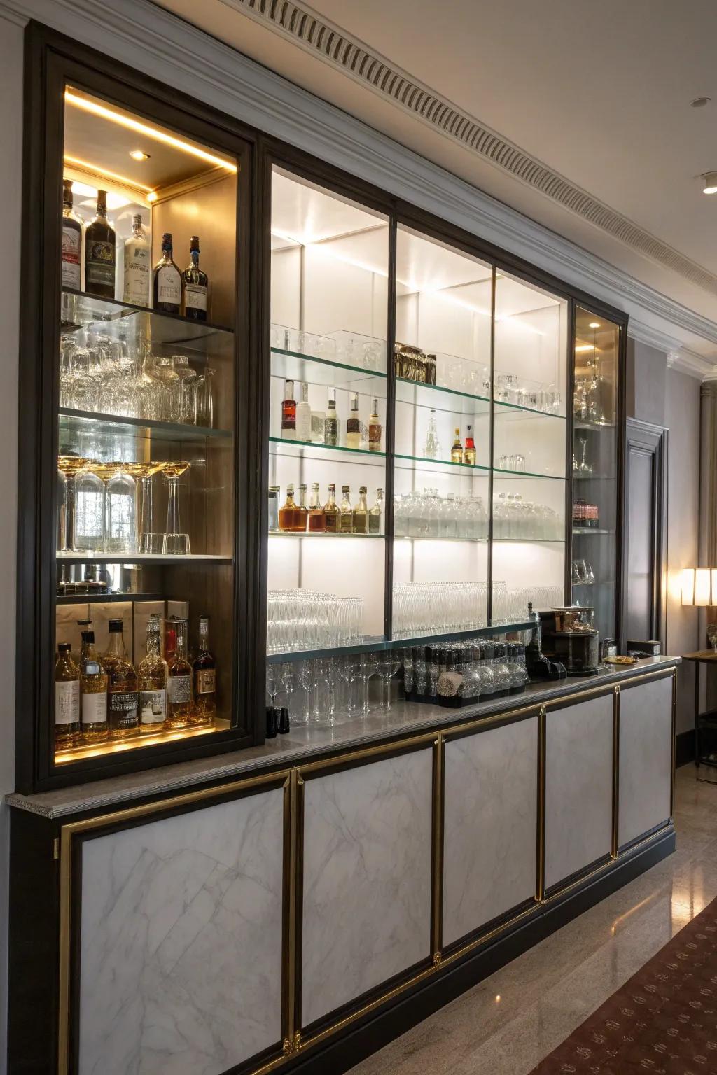 Glass exhibition encasements append grace and sophistication to your bar precinct.