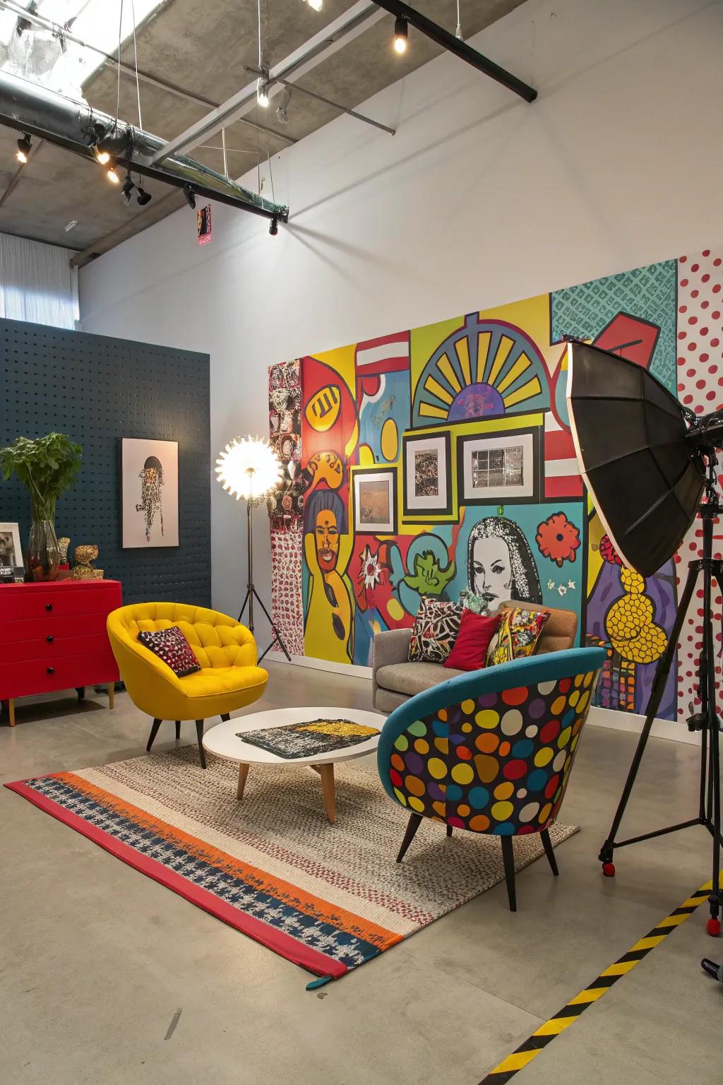 Vibrant artistry walls convey bold and spirited vibes.