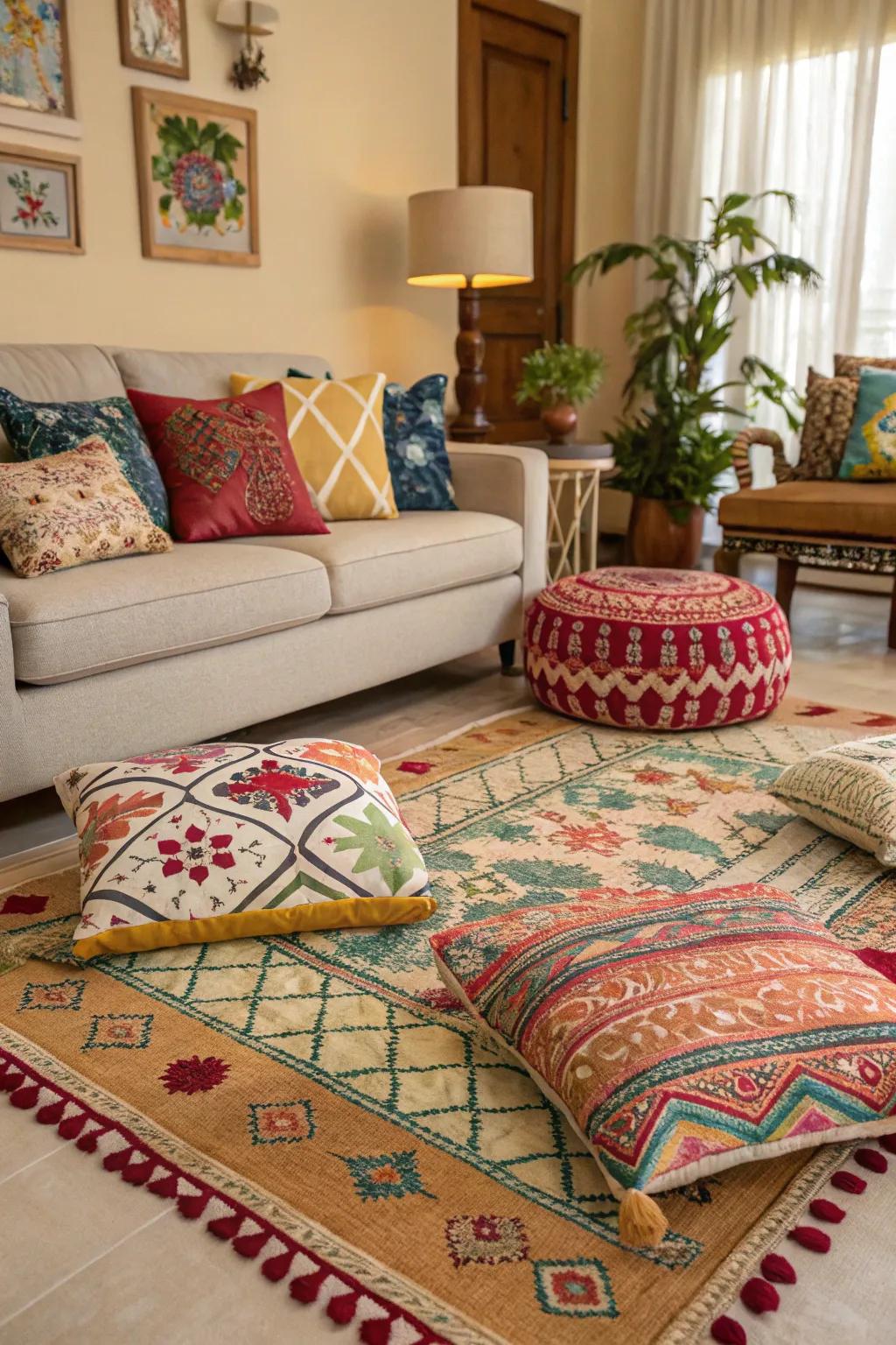 Blending patterns introduces intrigue and liveliness to a neutral living room.