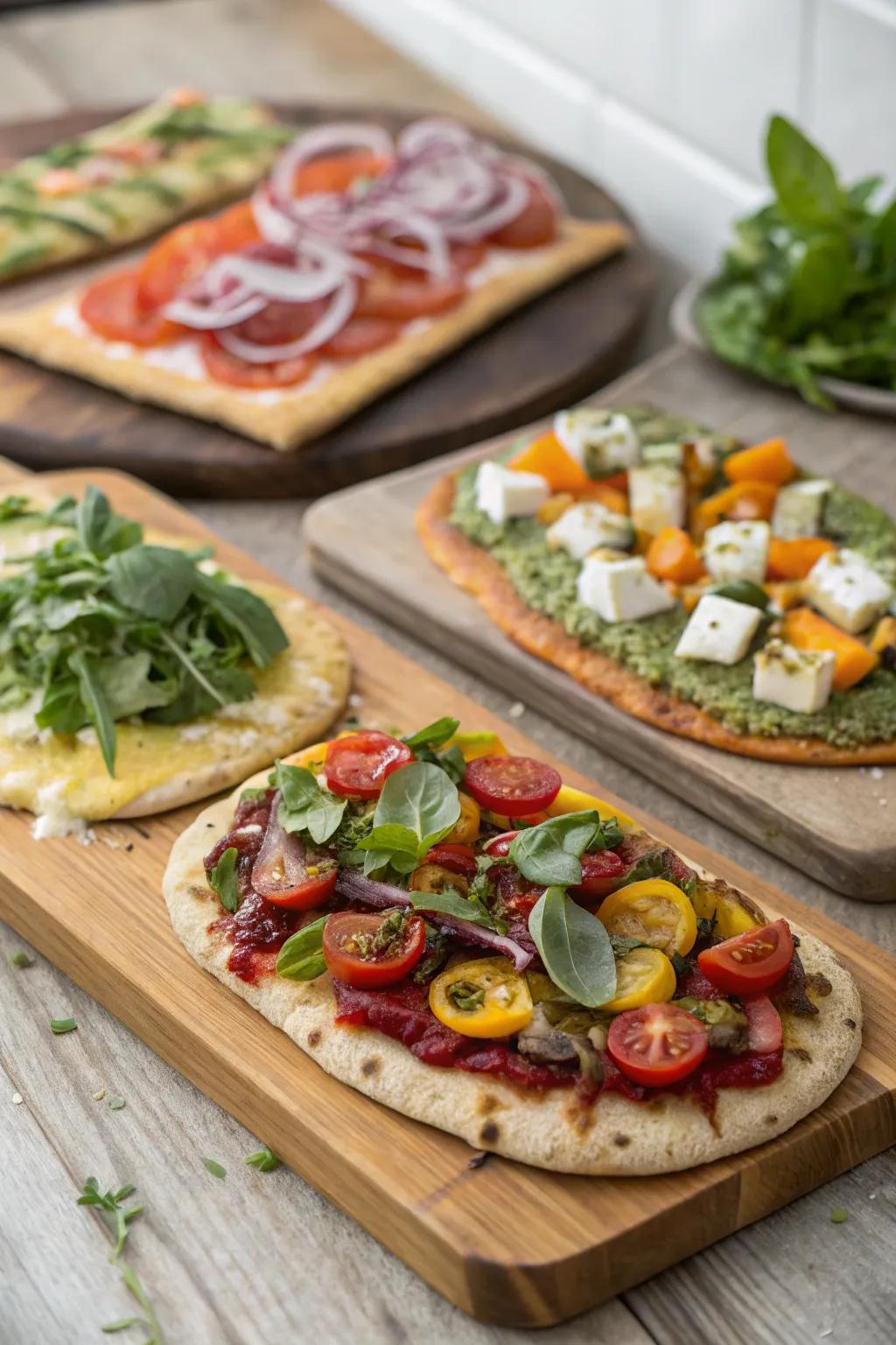 A compilation of imaginative flatbreads embellished through the incorporation of delectable and recently acquired components.