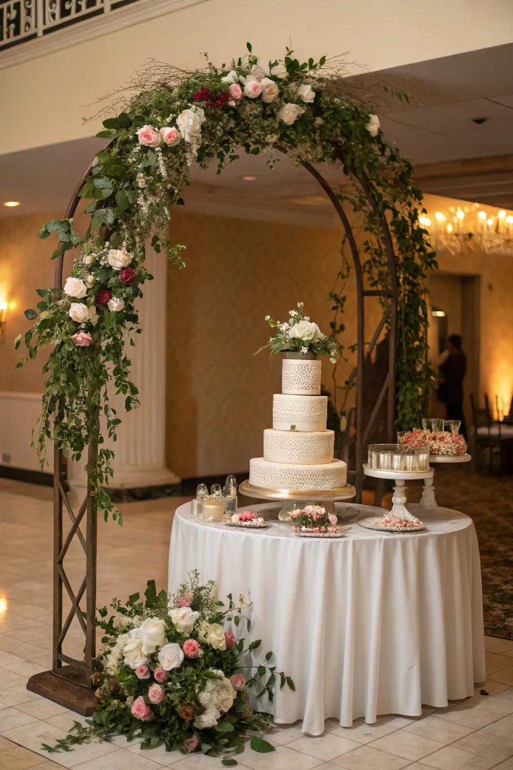 A wedding cake table framed by a beautiful floral arch.