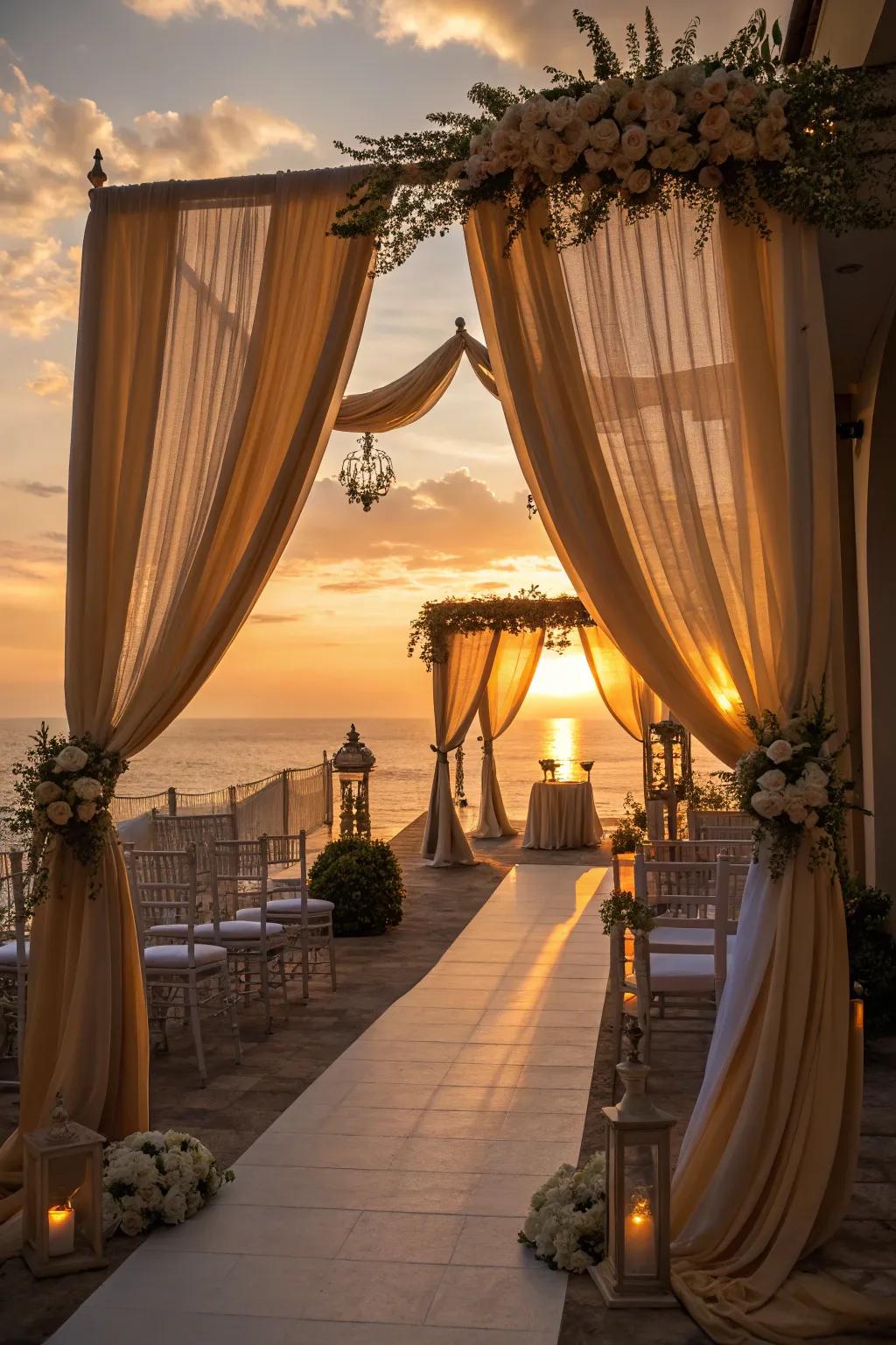 Infuse warmth and joy into your wedding through sundown-toned drapery.