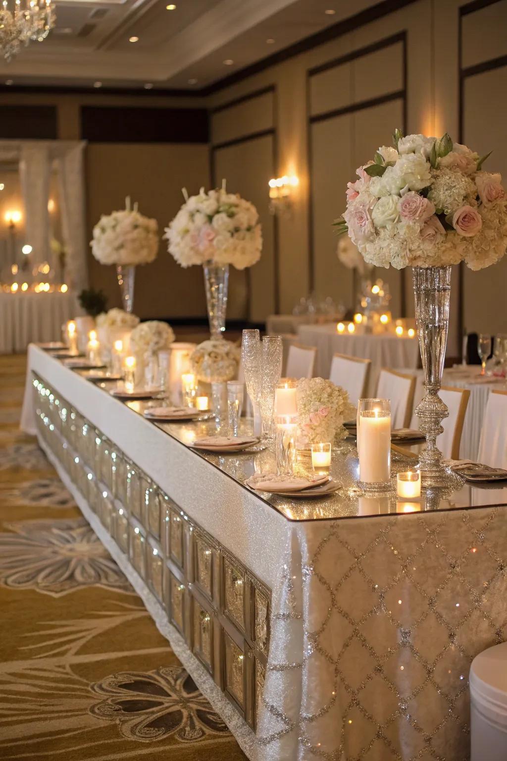 Reflective table facades contribute a luxurious stroke to the head table.