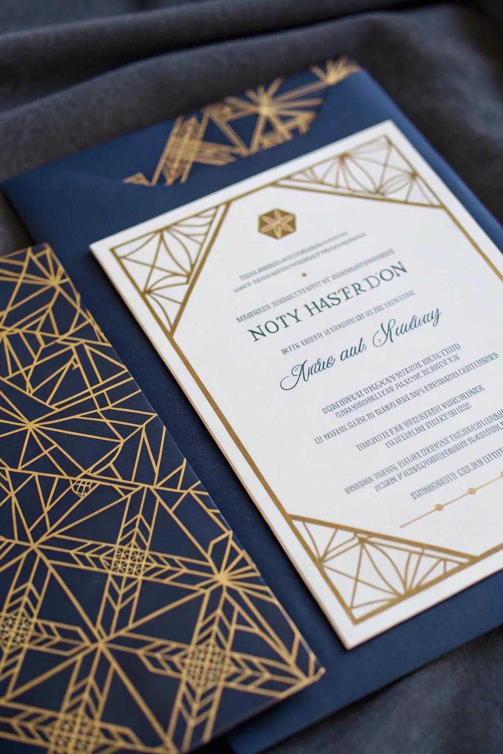 An invitation featuring geometric patterns upon a navy backdrop.