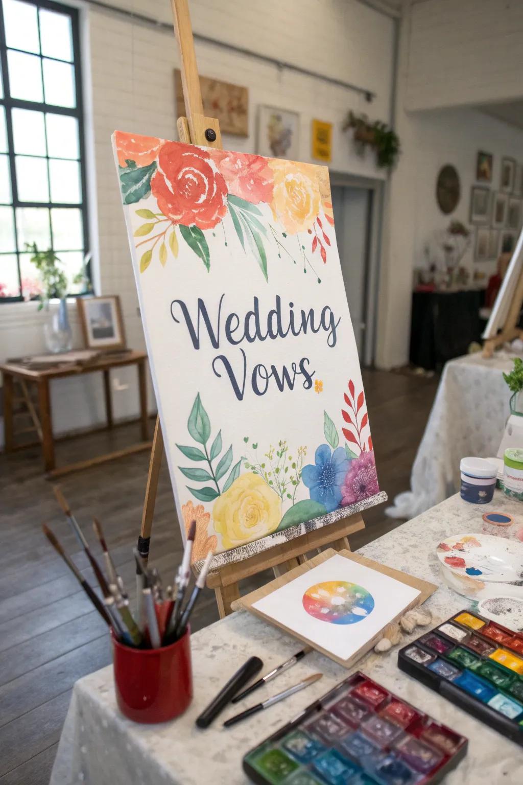 Vibrant bespoke watercolor vows, fostering ingenuity within an art studio.