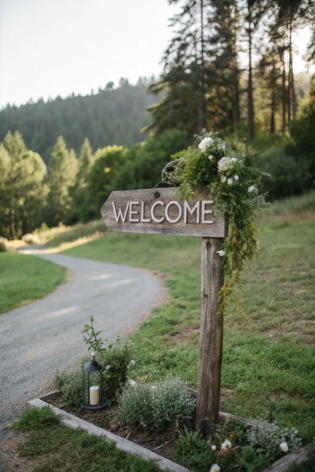 An eco-conscious greeting plaque crafted from reclaimed wood, suitable for a sustainable wedding.