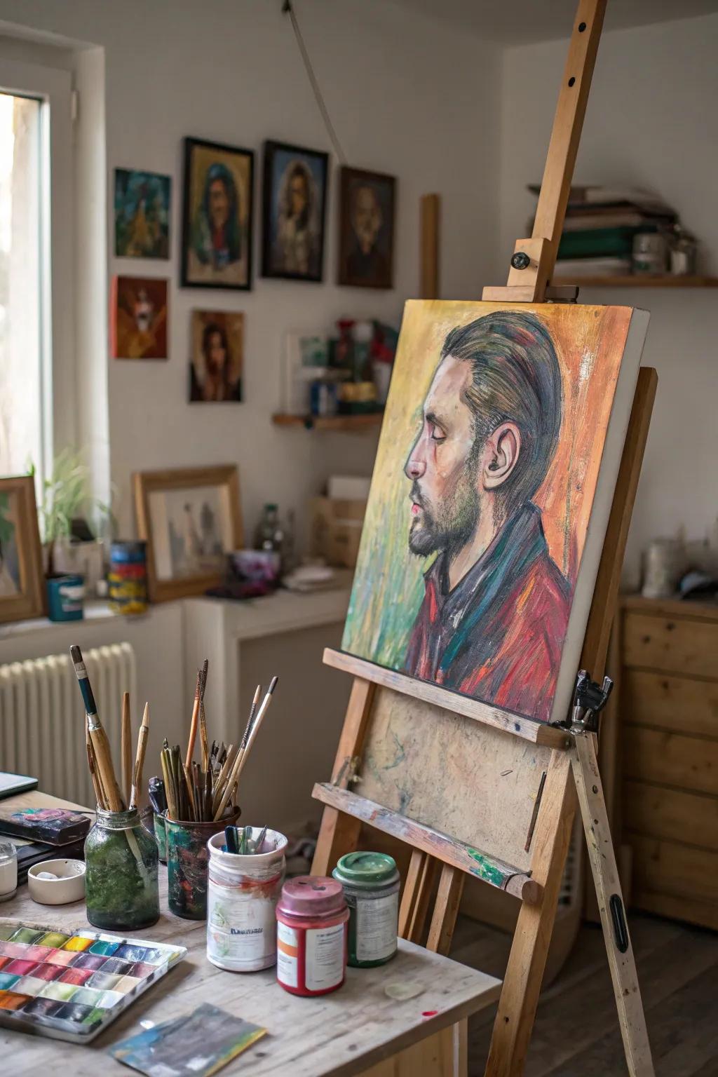 An eccentric portrait imparting a peculiar allure to an artistic workspace.