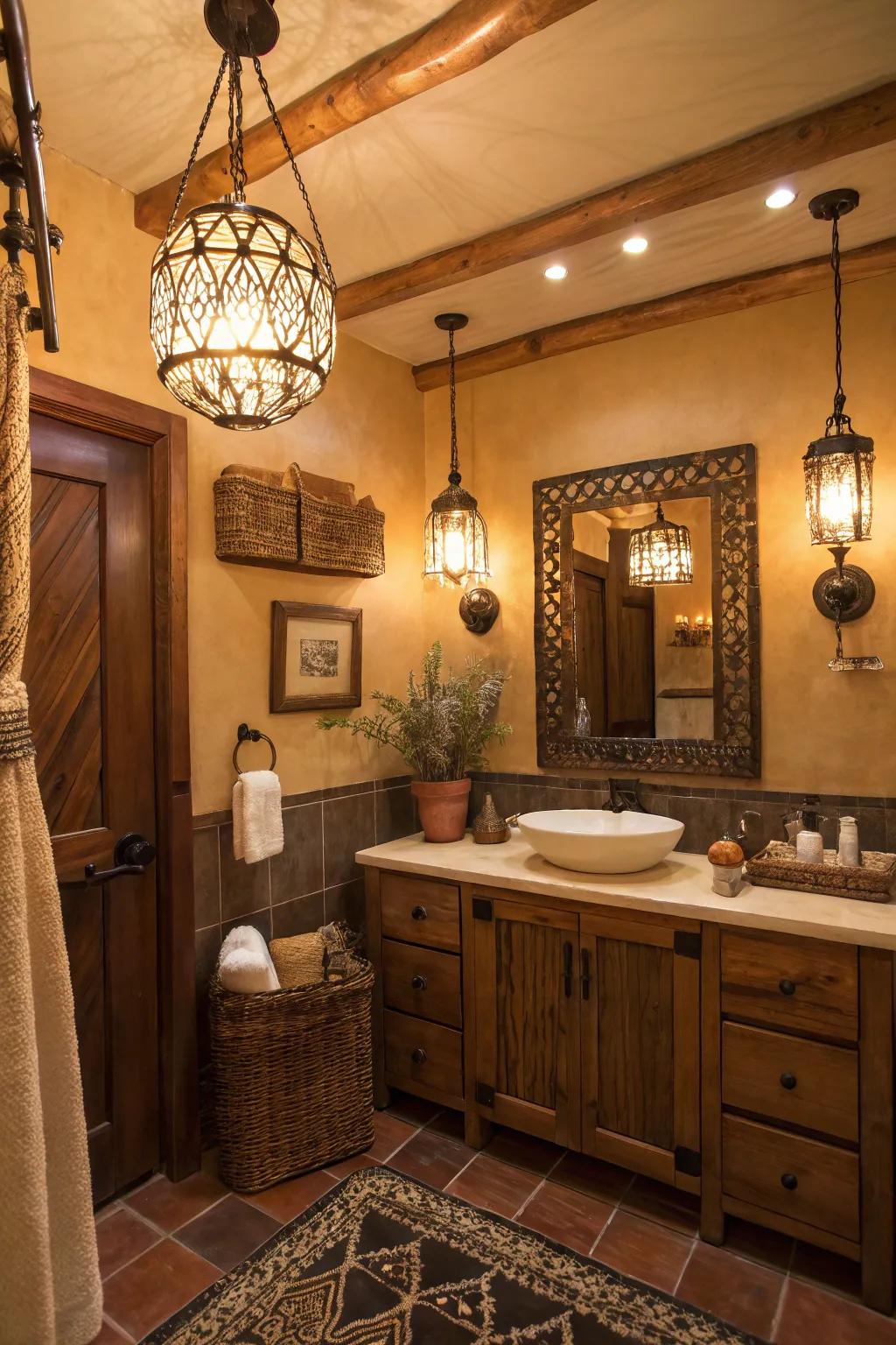 Vintage accent lights add charm to this Western bathroom.