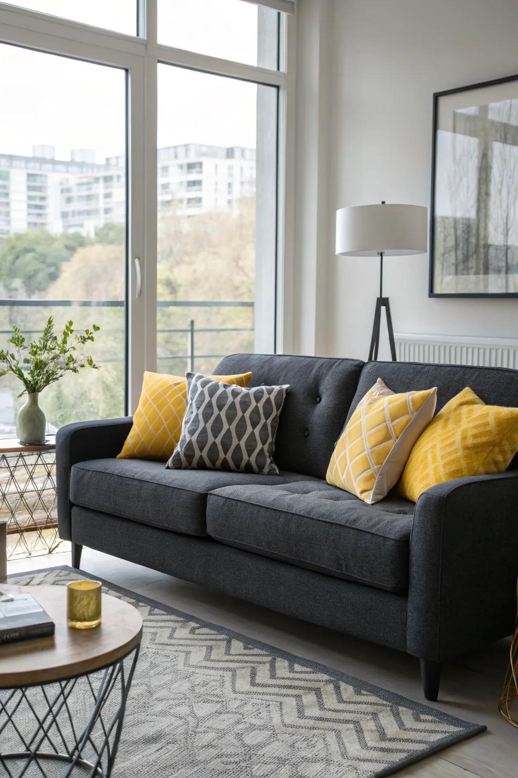 Golden and grey pillows create a cheerful and modern vibe.