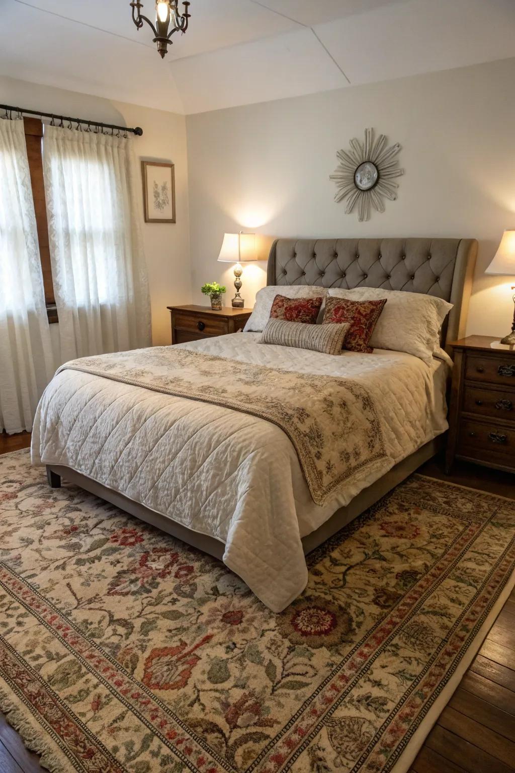 An aged floor covering introduces individuality and a narrative element to the sleeping chamber.