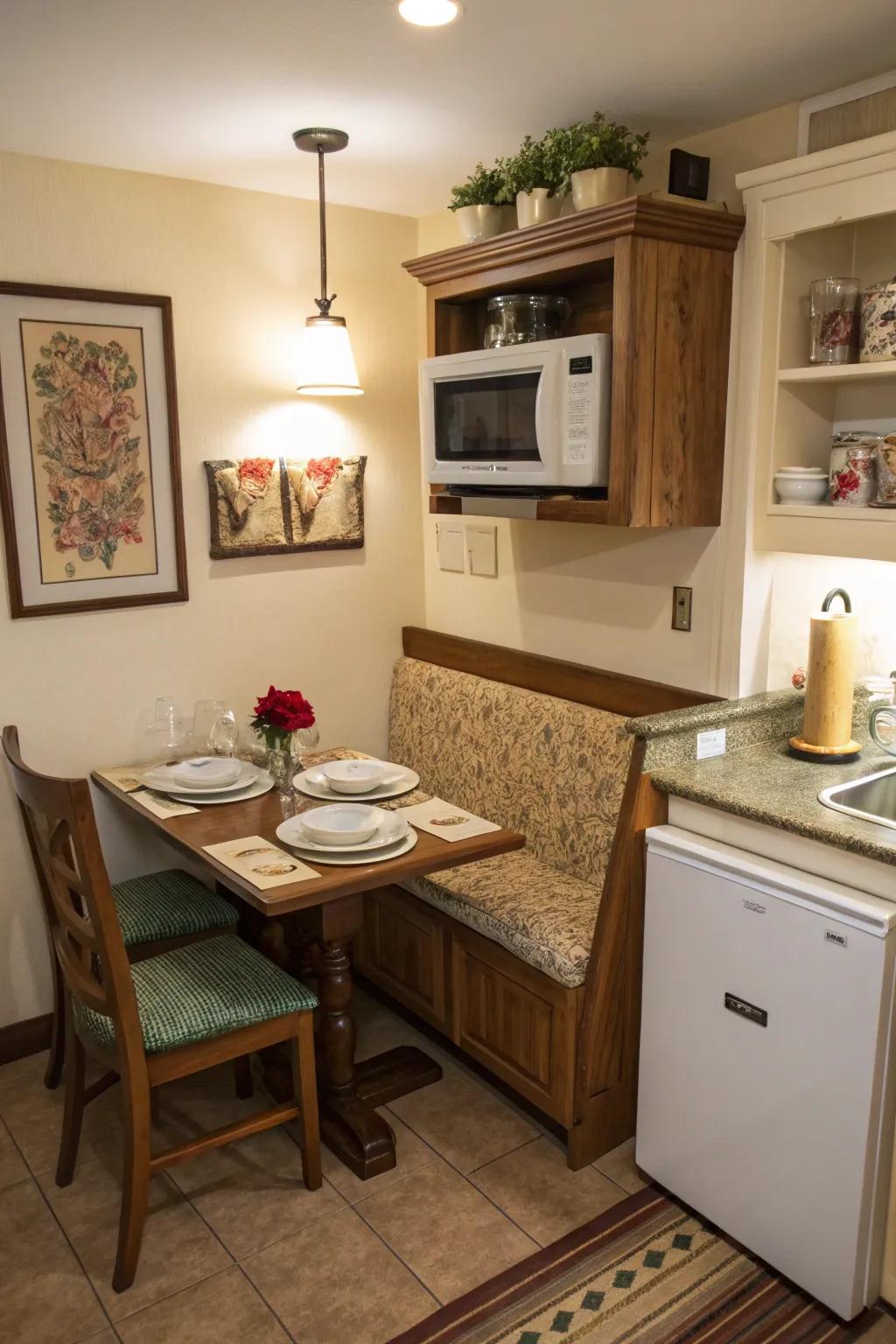 A microwave conveniently positioned near the dining zone.