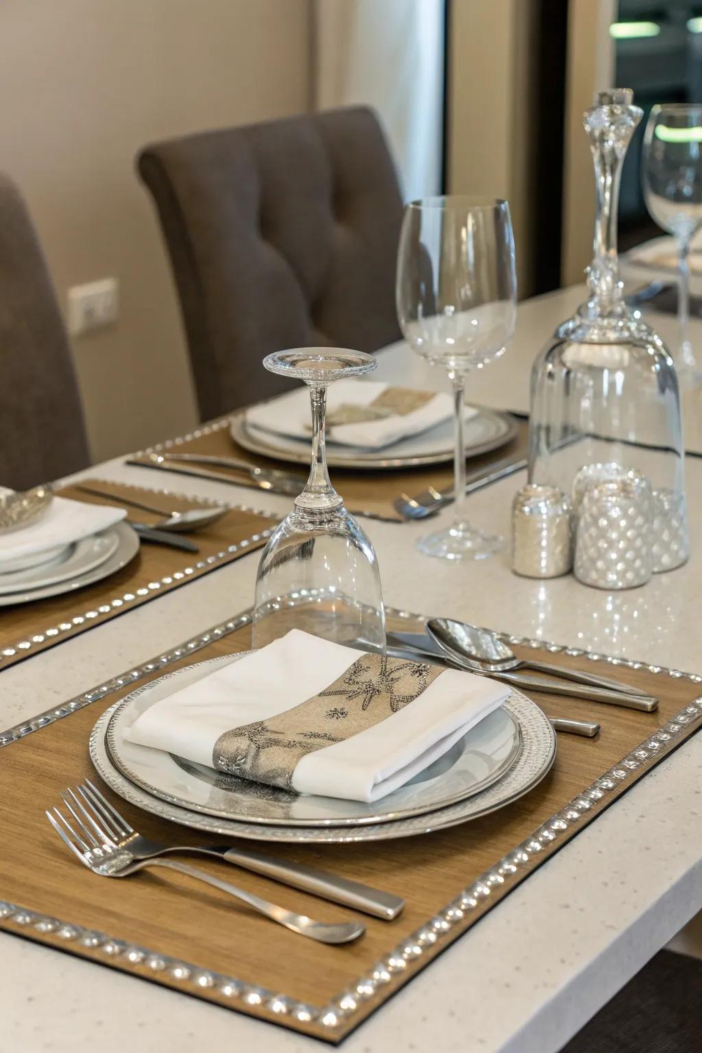 Modernize your dining atmosphere through the incorporation of reflective mirror placemats.