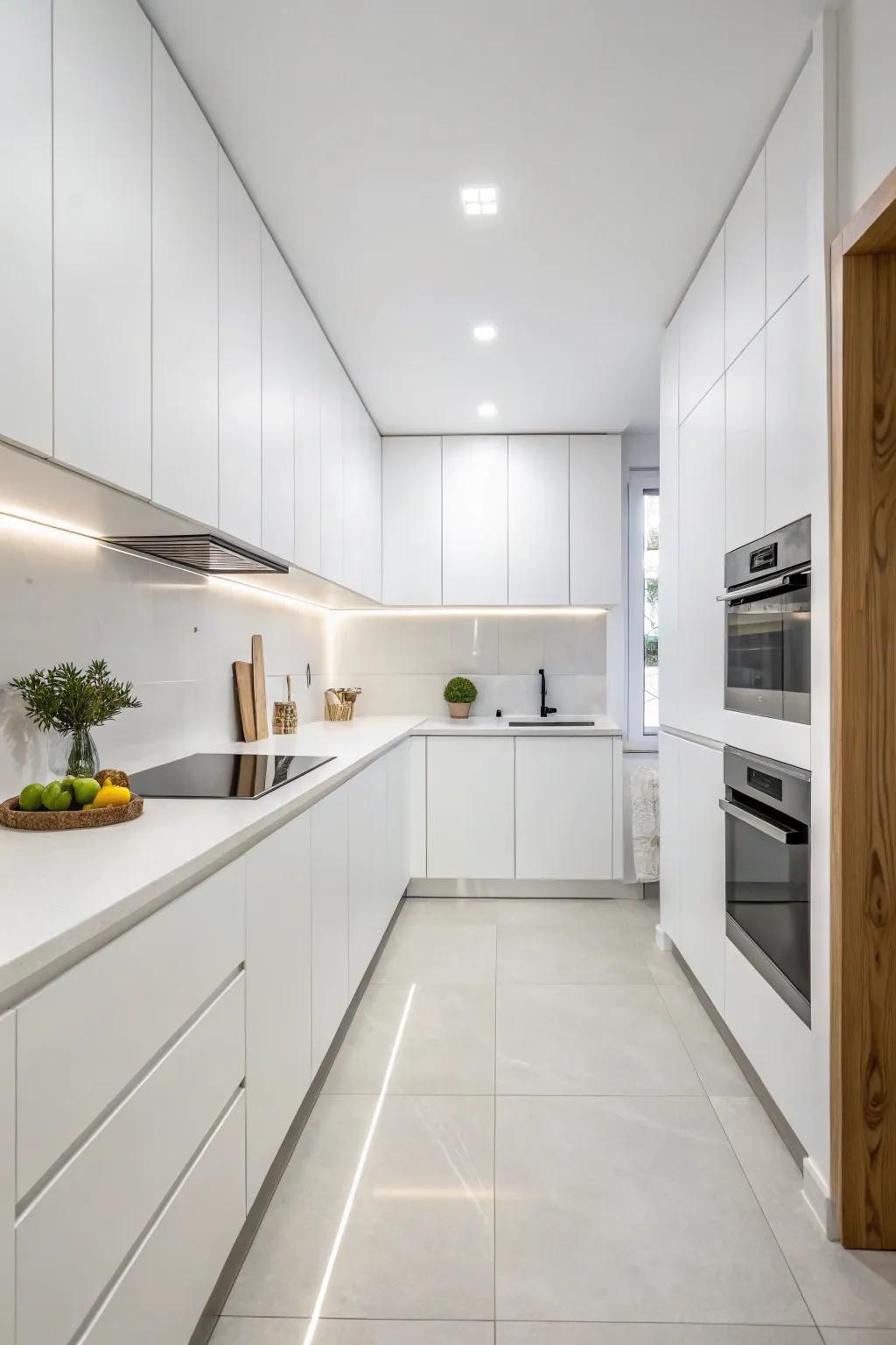 A minimalist design offers a peaceful, zen-like atmosphere in the white kitchen.