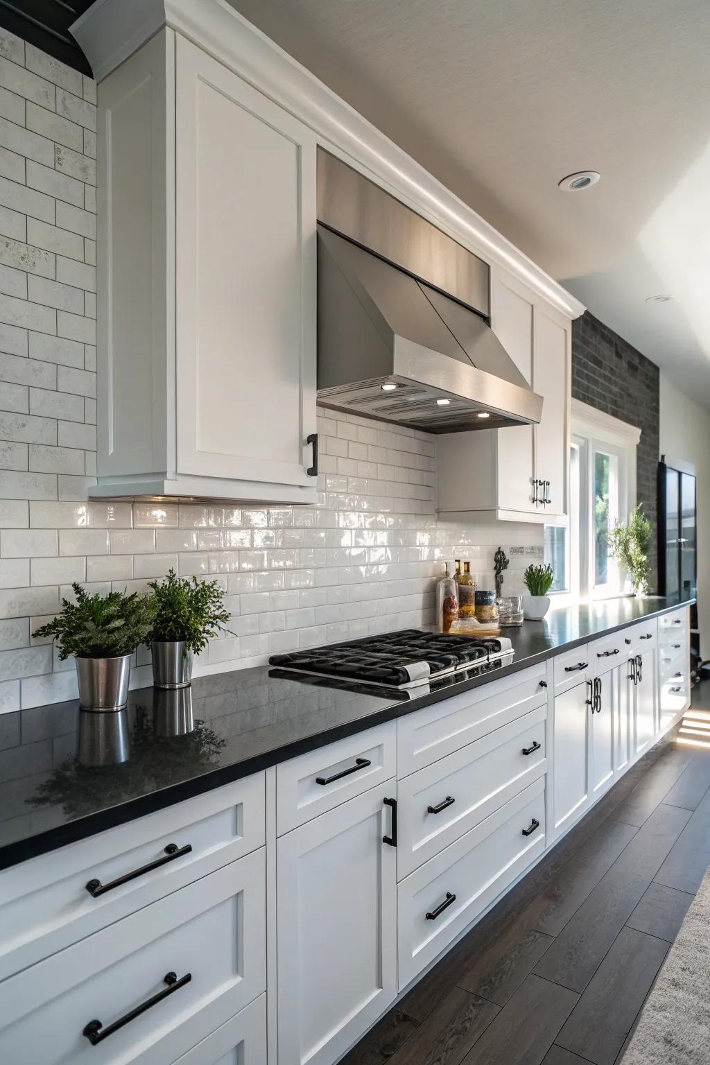 Sophisticated contrast featuring white quartz backsplash and shadow countertops.