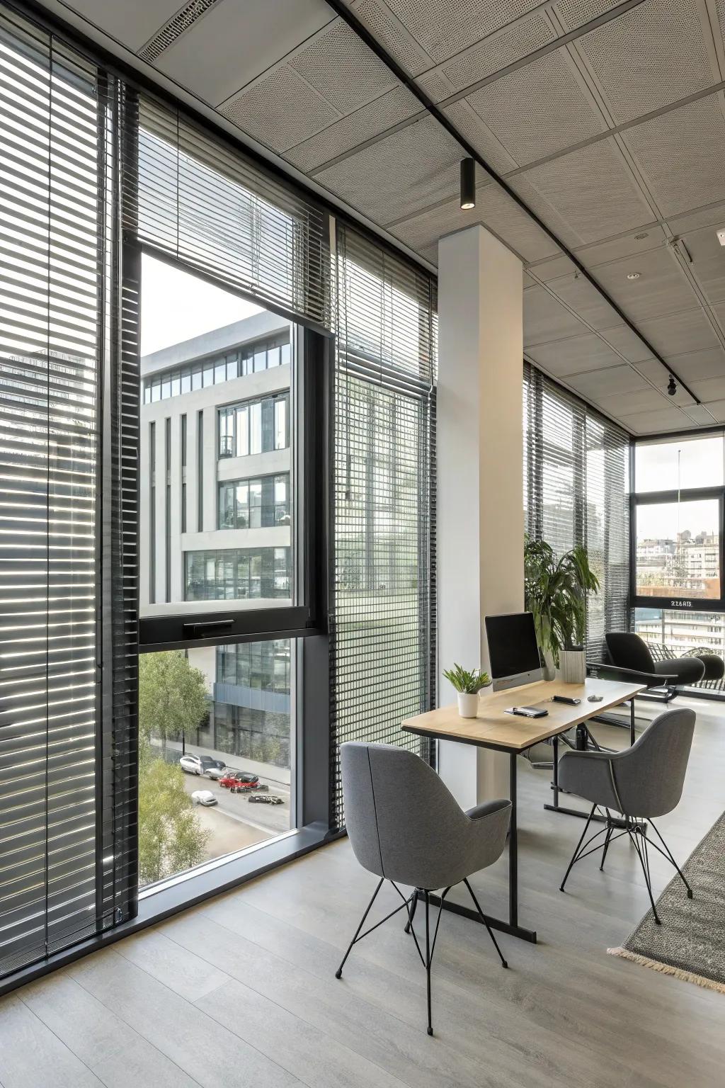 Metallic blinds contribute a modern, sleek aesthetic to your workplace.
