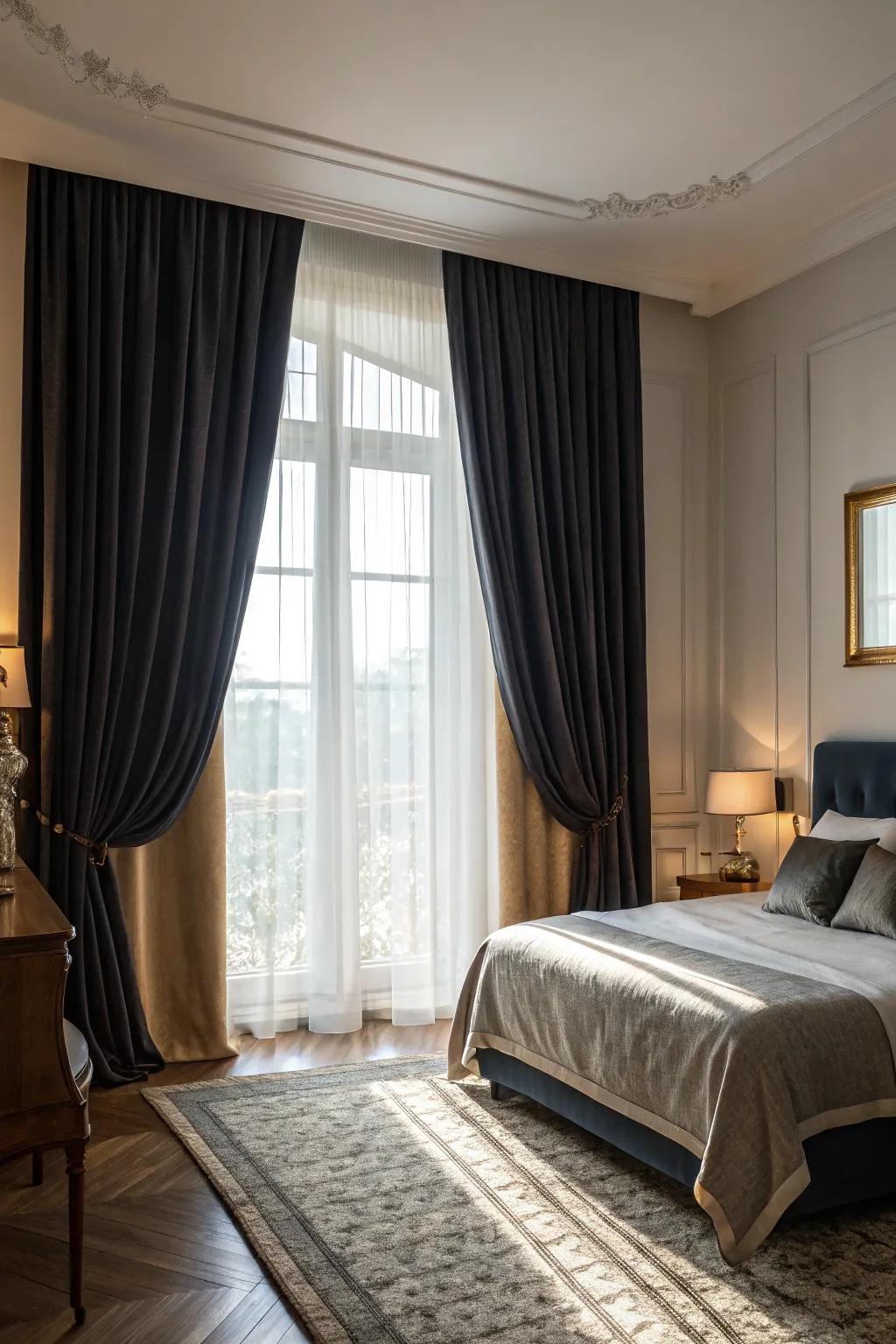 Deeper tone coverings append dramatic contrast within this radiant bedroom.