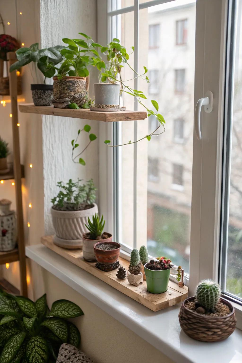 Floating ledges maximize area for decorative pieces atop the window sill.