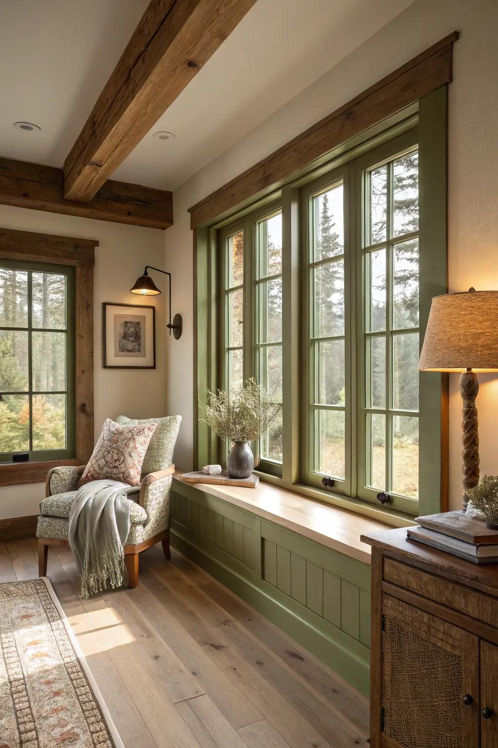 Woodland green trim offers natural warmth to a comfortable room.