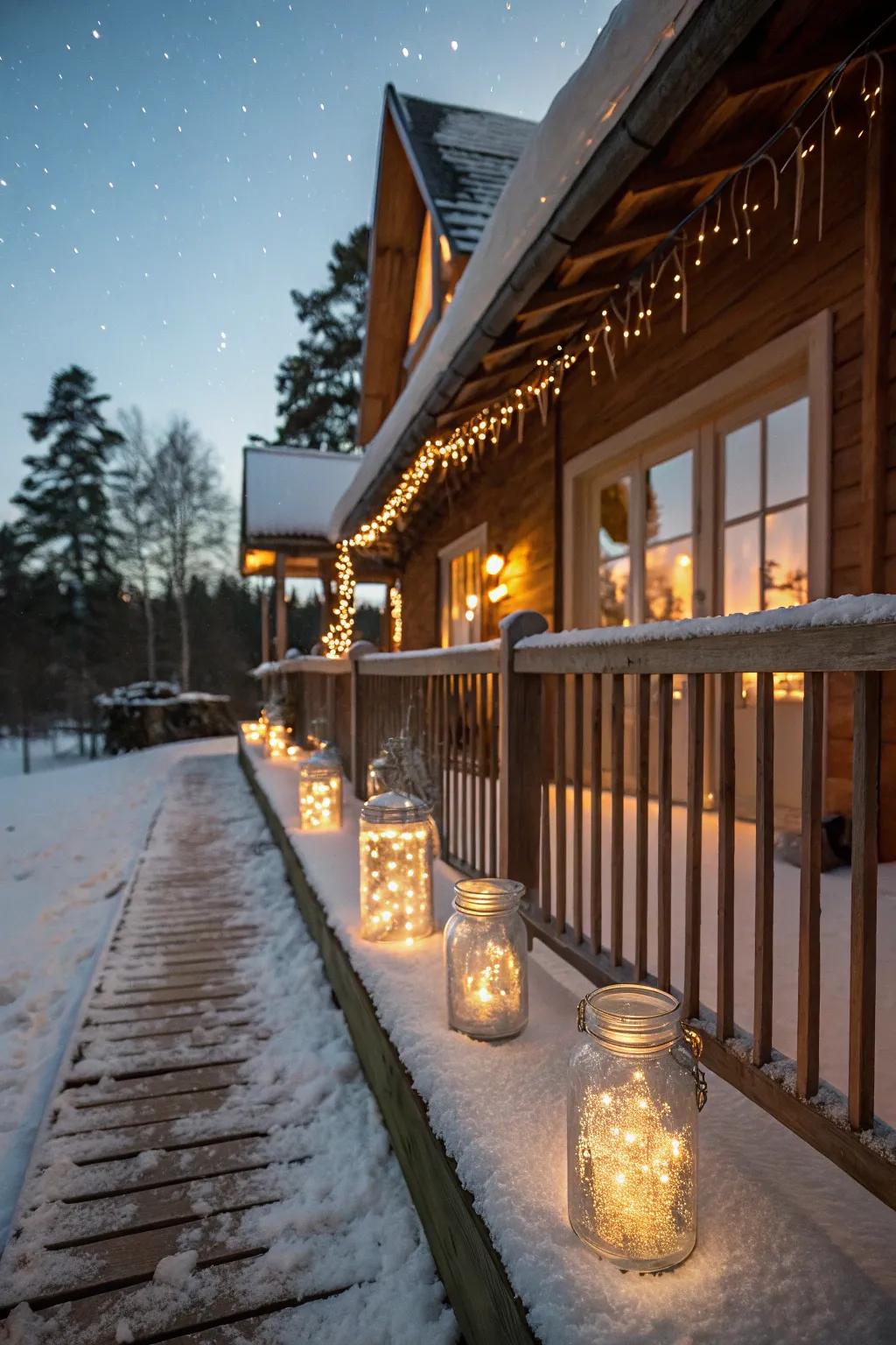 Glass jars brimming with radiant lights enchant this winter porch.