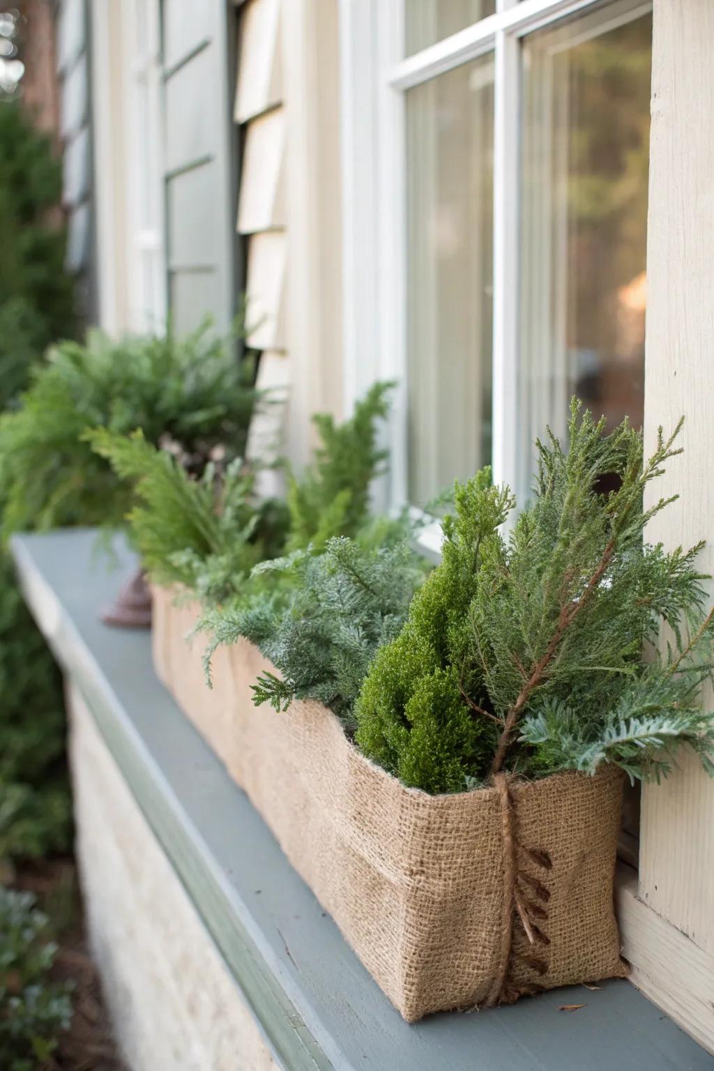 A burlap wrap contributes rustic charm to this winter window box.