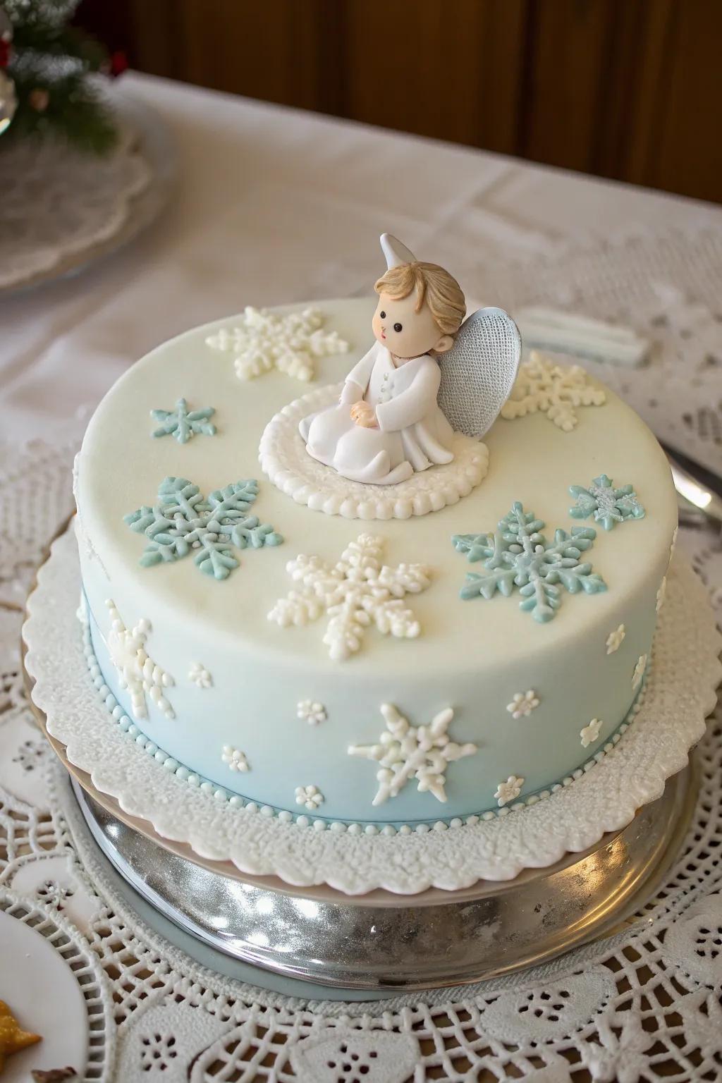 Celebrate infant's initial snow with this heartwarming cake.