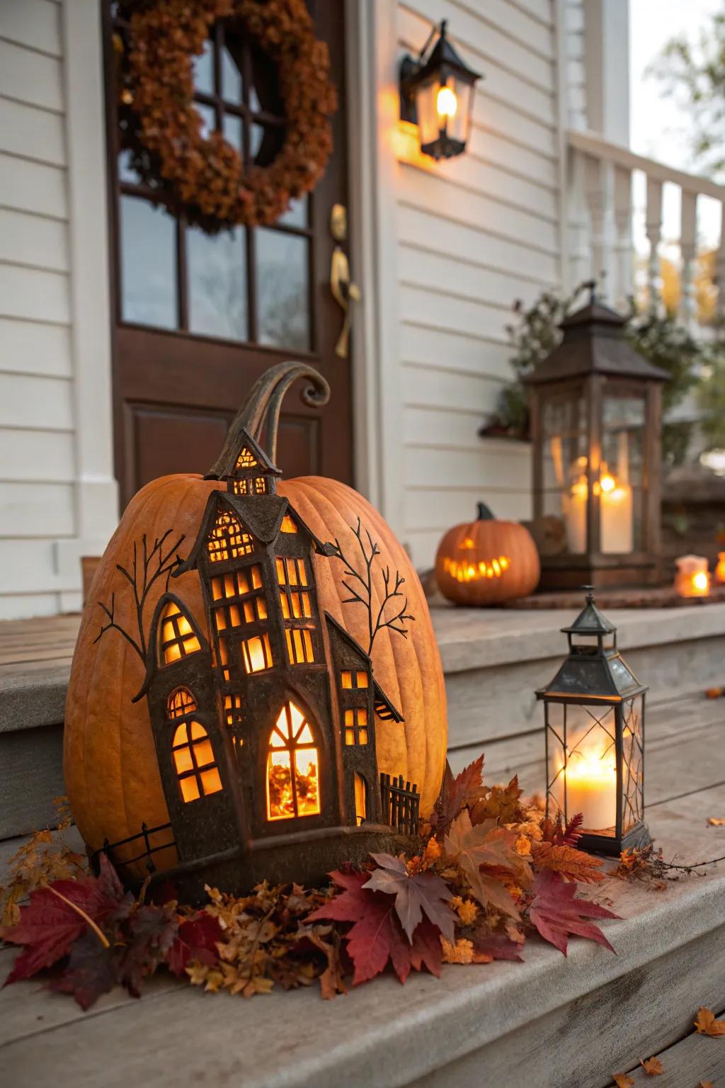 Gourd transmuted into a spooked edifice.