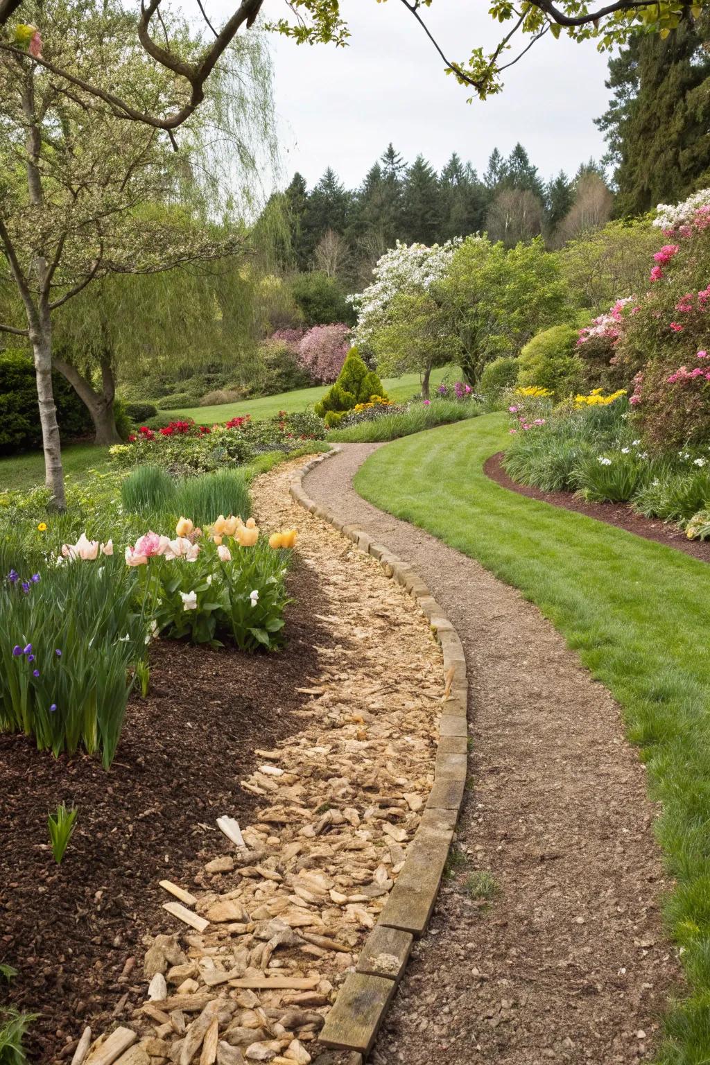 Timber shavings furnish a raw and countryside edging for garden pathways.