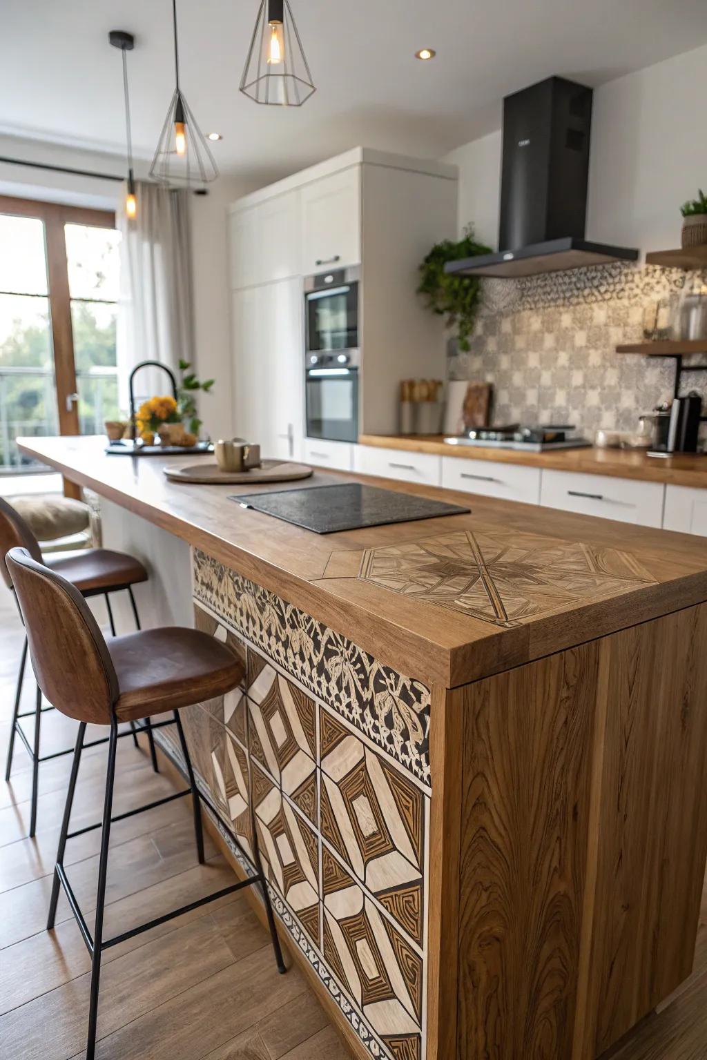 Geometric patterns adding an artistic touch to timber countertops.