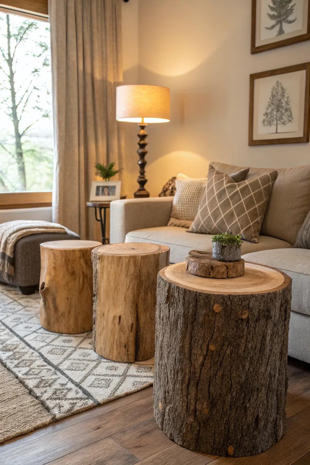 Any space is given a rustic touch with tree footrest tables.